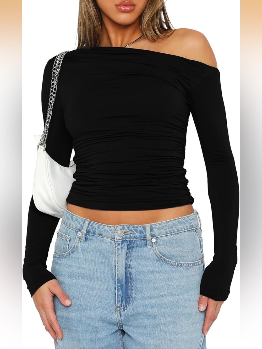 Long Sleeve Boat Neck Off Shoulder Slim Fit Crop Top Going Out Blouses Y2K